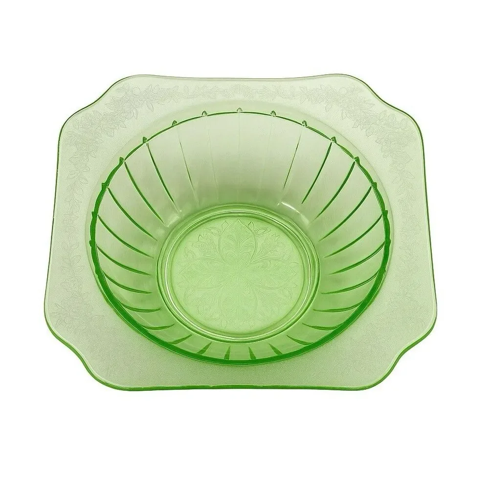 Jeannette Adam Uranium Vaseline Glass Bowl 8” Square Depression UV Glow Green - Picture 1 of 9